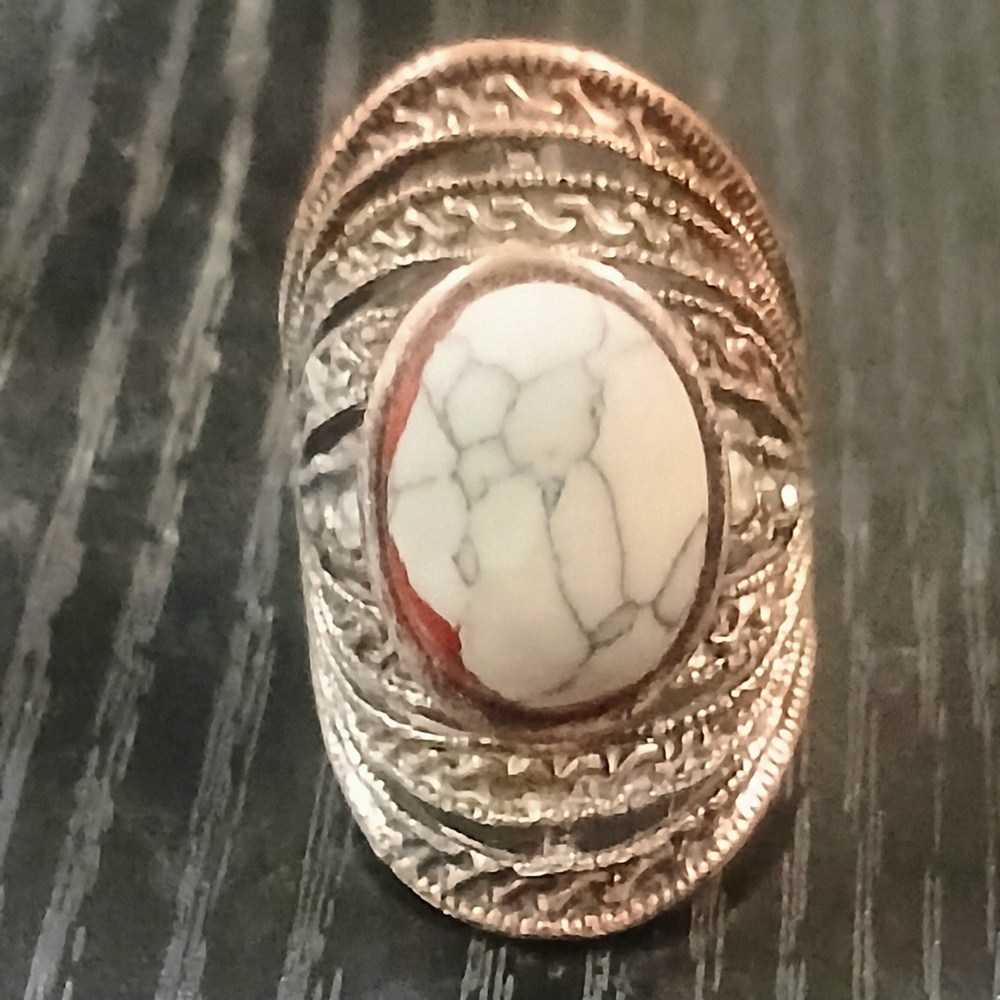 Silver-Tone Statement Ring with White Howlite and Red Accent - Women Jewelry